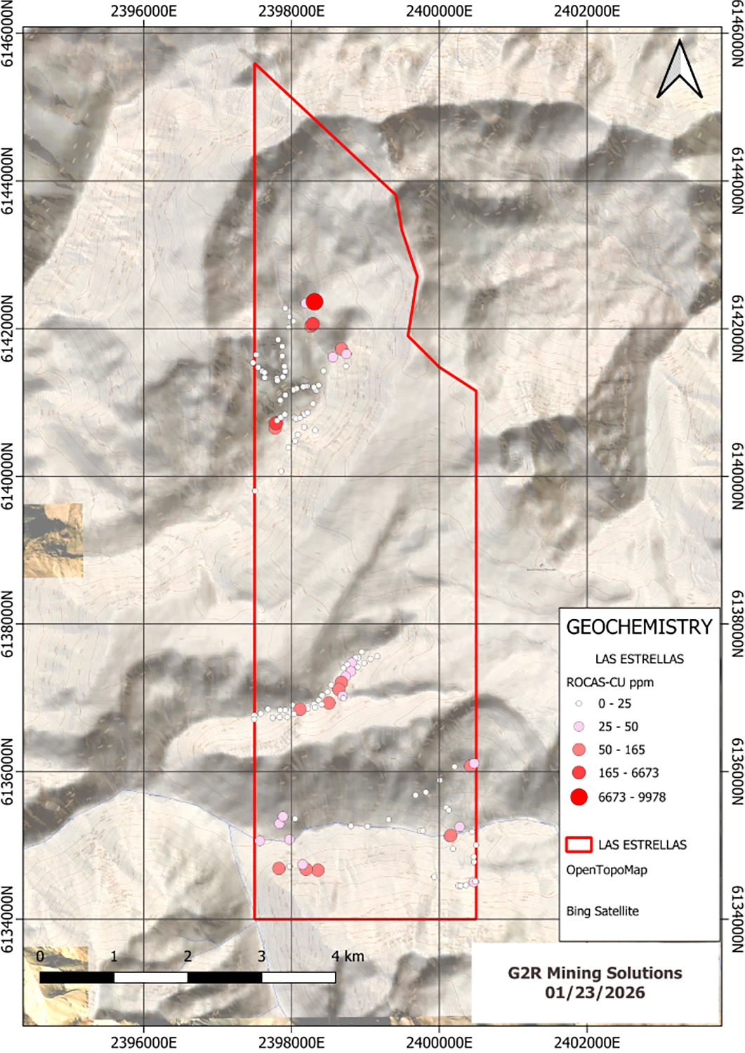Property-scale copper anomaly map from the December 2025 rock chip program at Las Estrellas