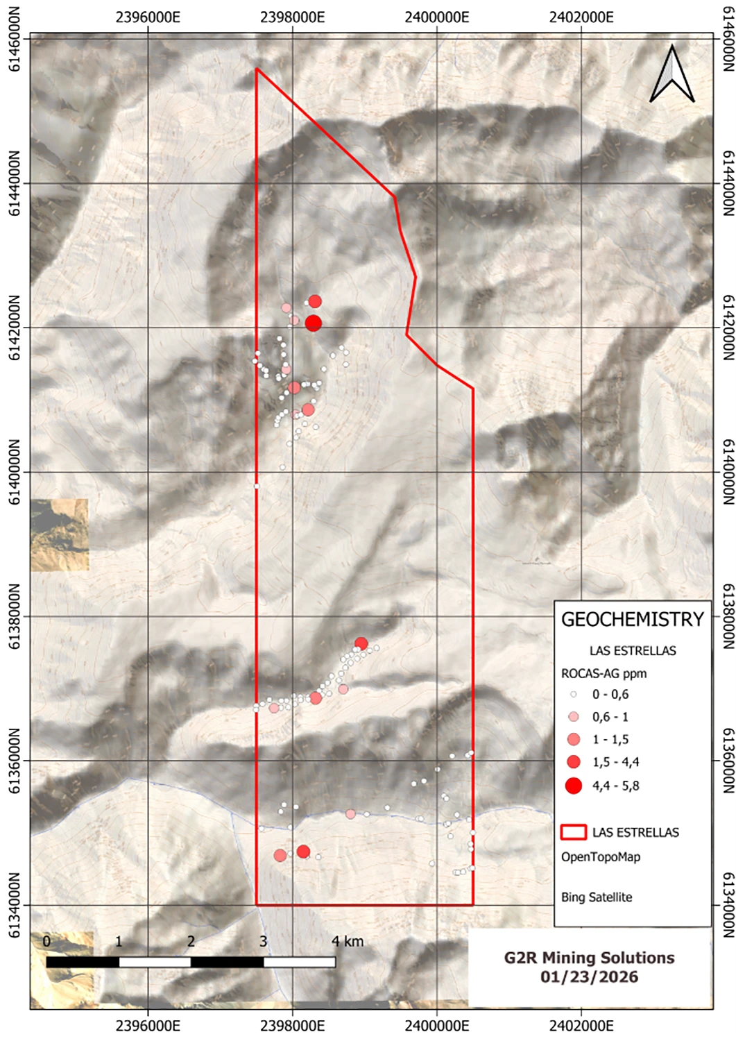 Property-scale silver anomaly map from the December 2025 rock chip program at Las Estrellas