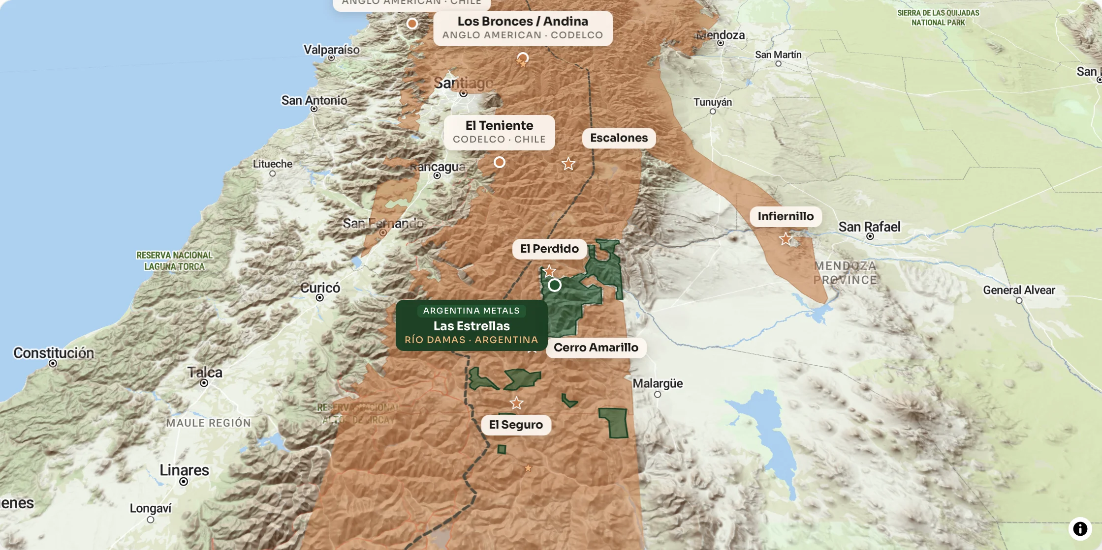 Southern Andes copper belt with Argentina Metals project locations across the Malargüe and San Raphael Districts